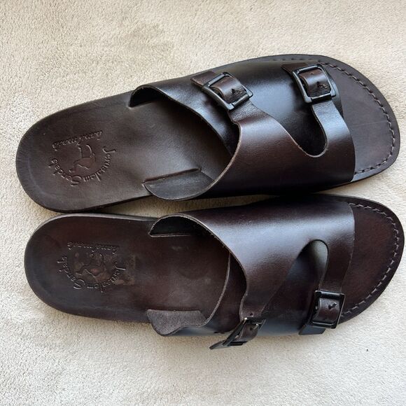 Jerusalem Dark Brown Stiff Leather Slide Sandal Men EU 47 US 13.5-14 Double Monk - Picture 7 of 15